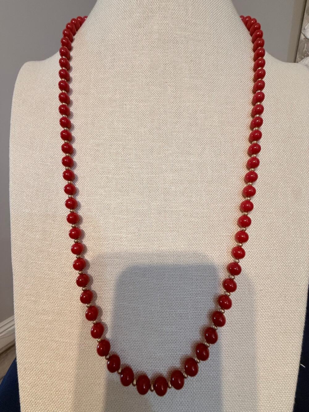 Vintage Monet Red Bead Necklace 30” Gold Tone